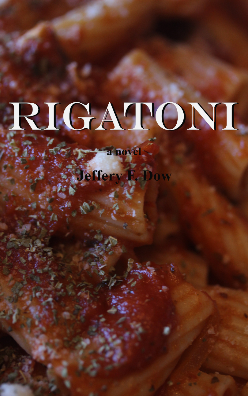 Book cover of rigatoni noodles covered in pasta sauce, oregano and Parmesan cheese.
