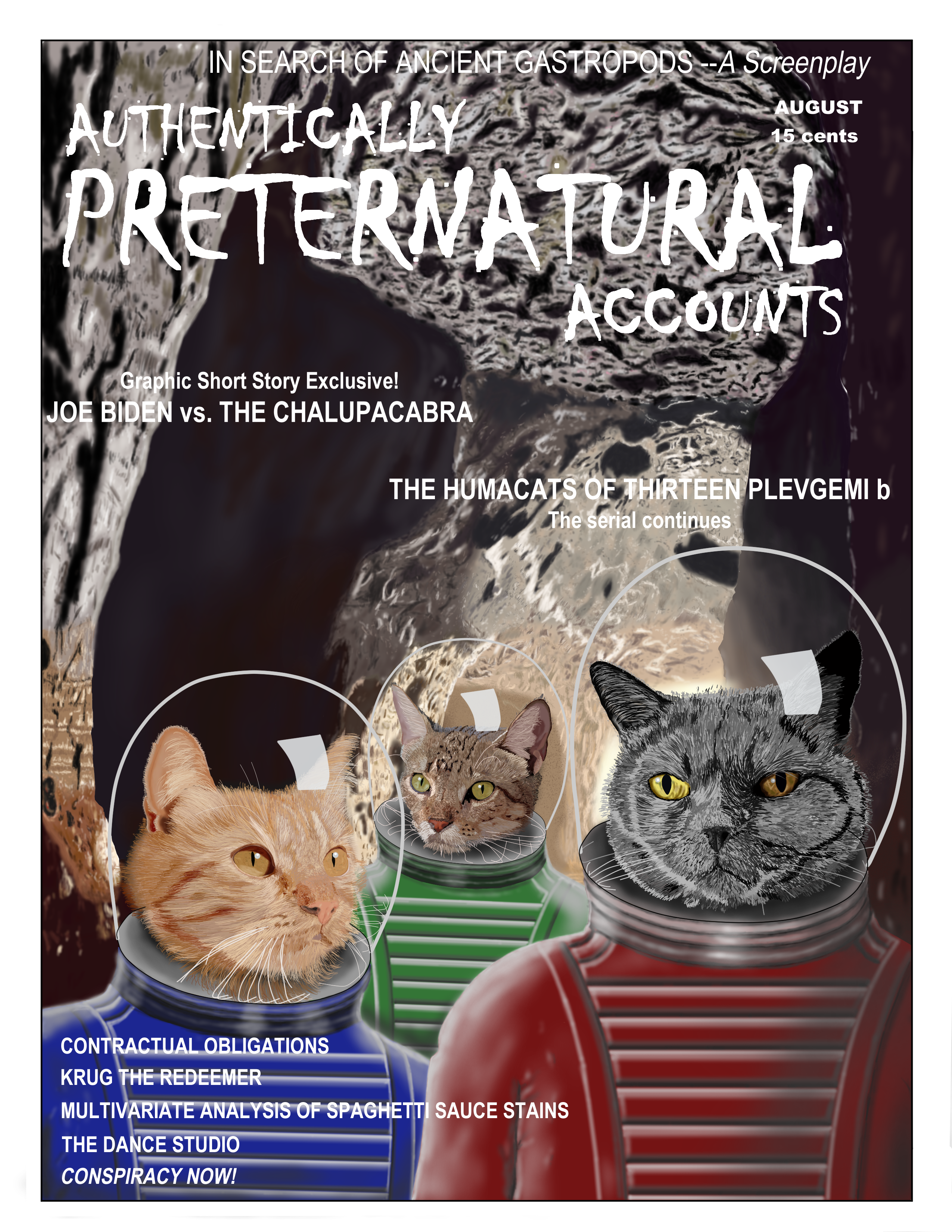 Book cover showing three cats in space suits in the entrance to a cave.