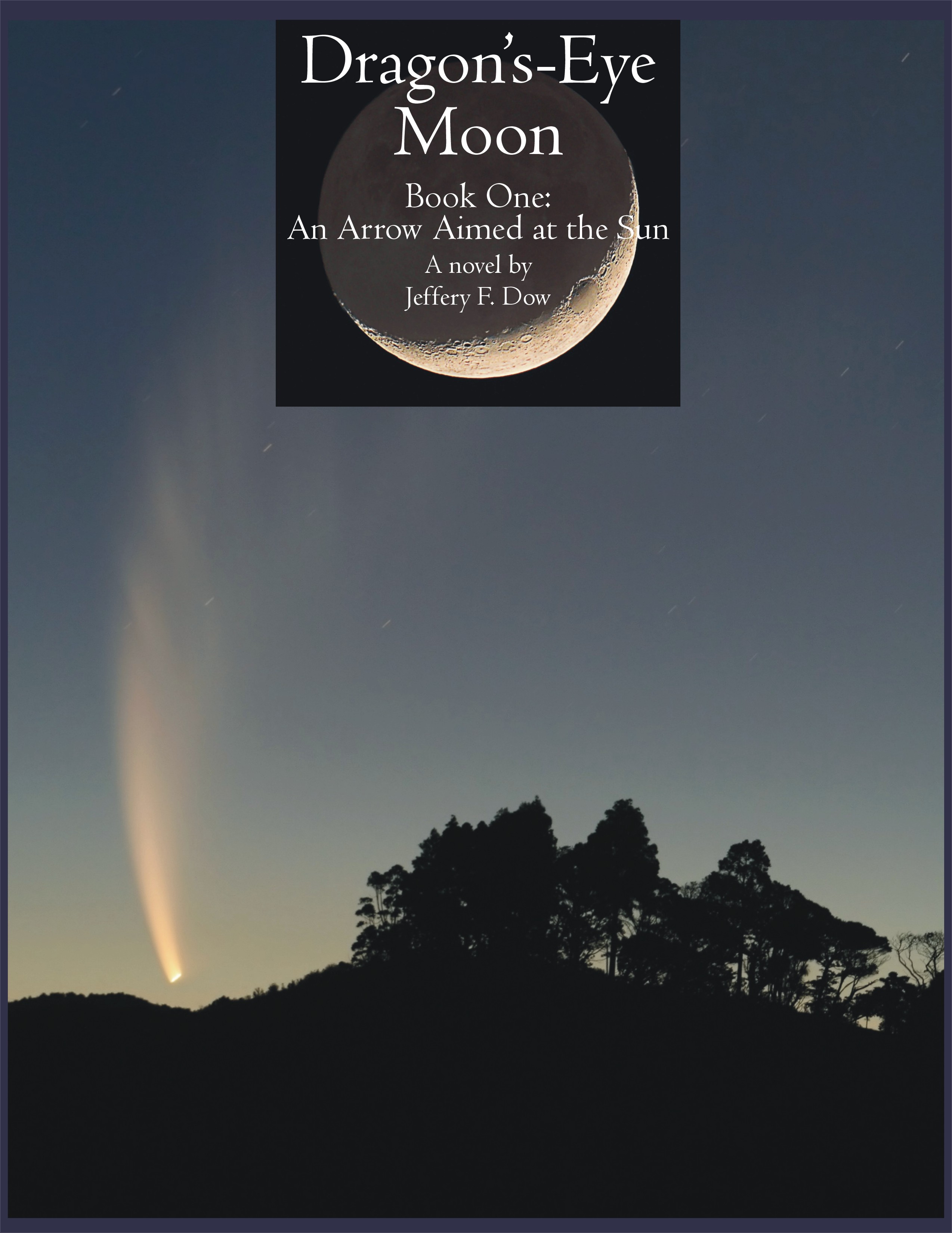 Cover of a book showing a dark tree in the foregound and a comet just above the horizon