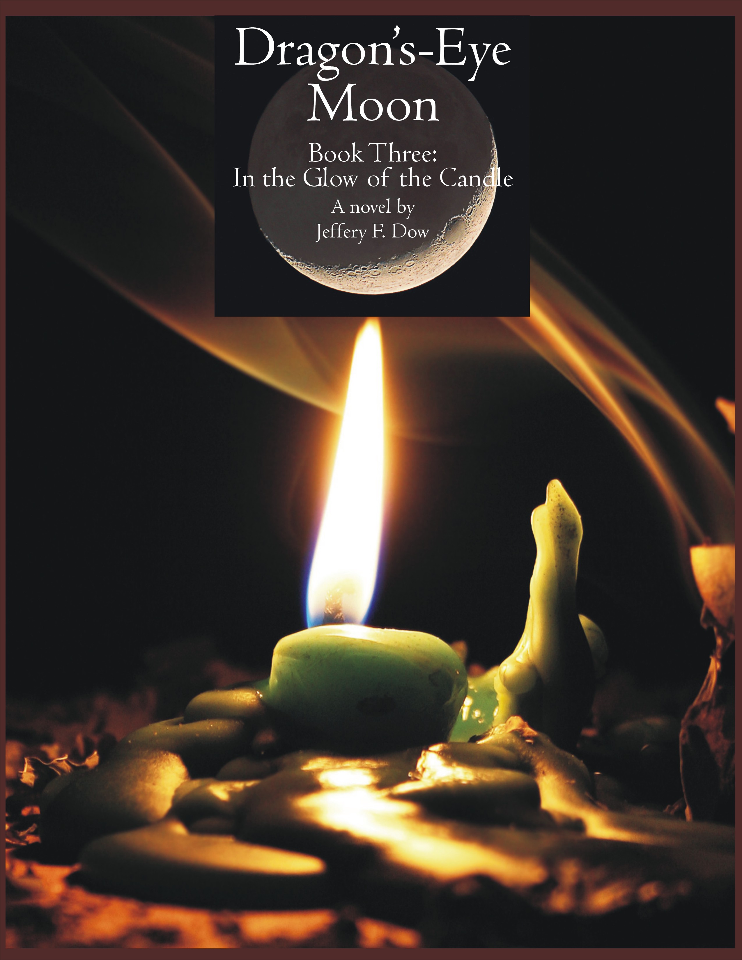 Cover of a book showing a tall flame on a short green candle with smoke in the background